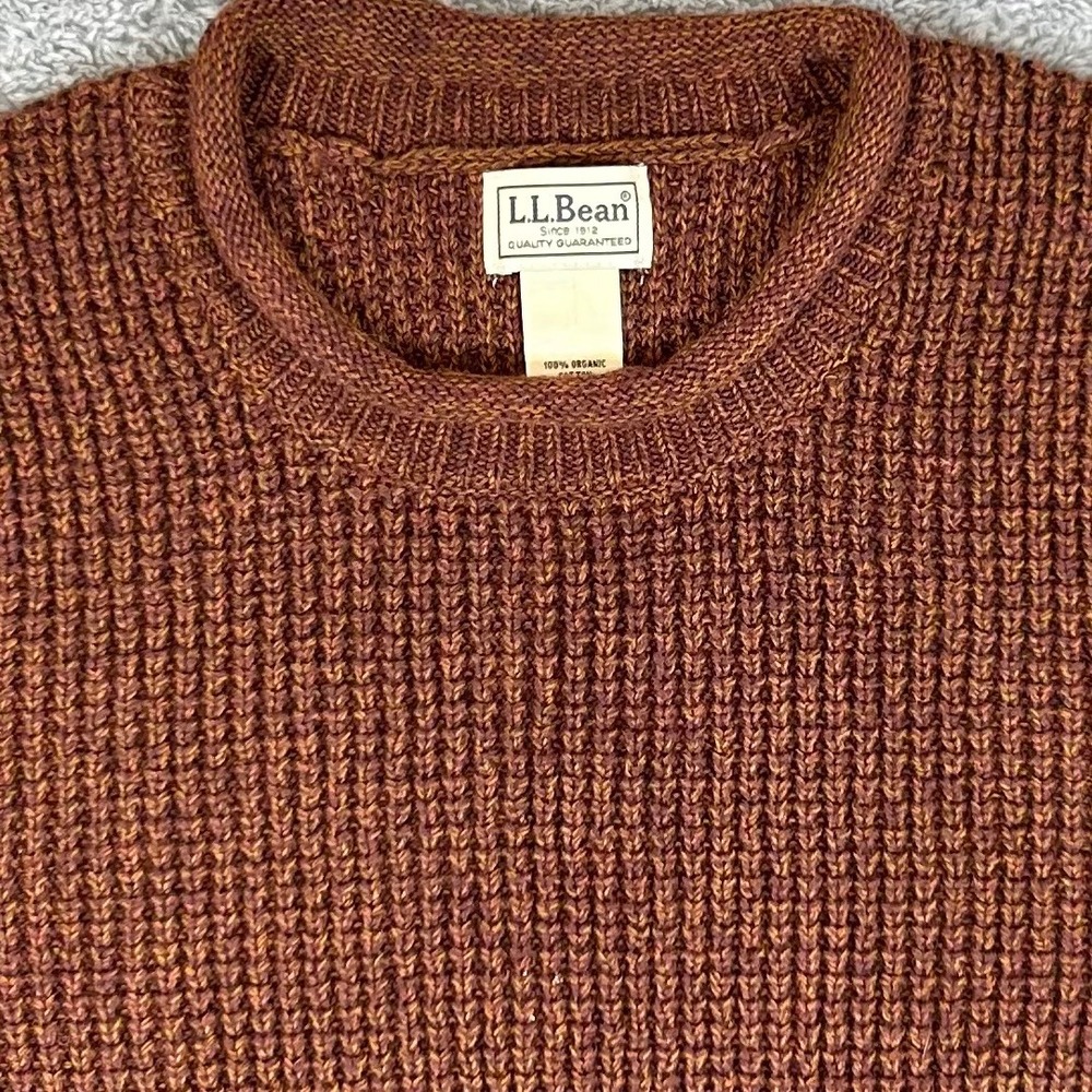 LL Bean Mens Organic Cotton Waffle Knit Crewneck Sweater Rust Brown 509337 M